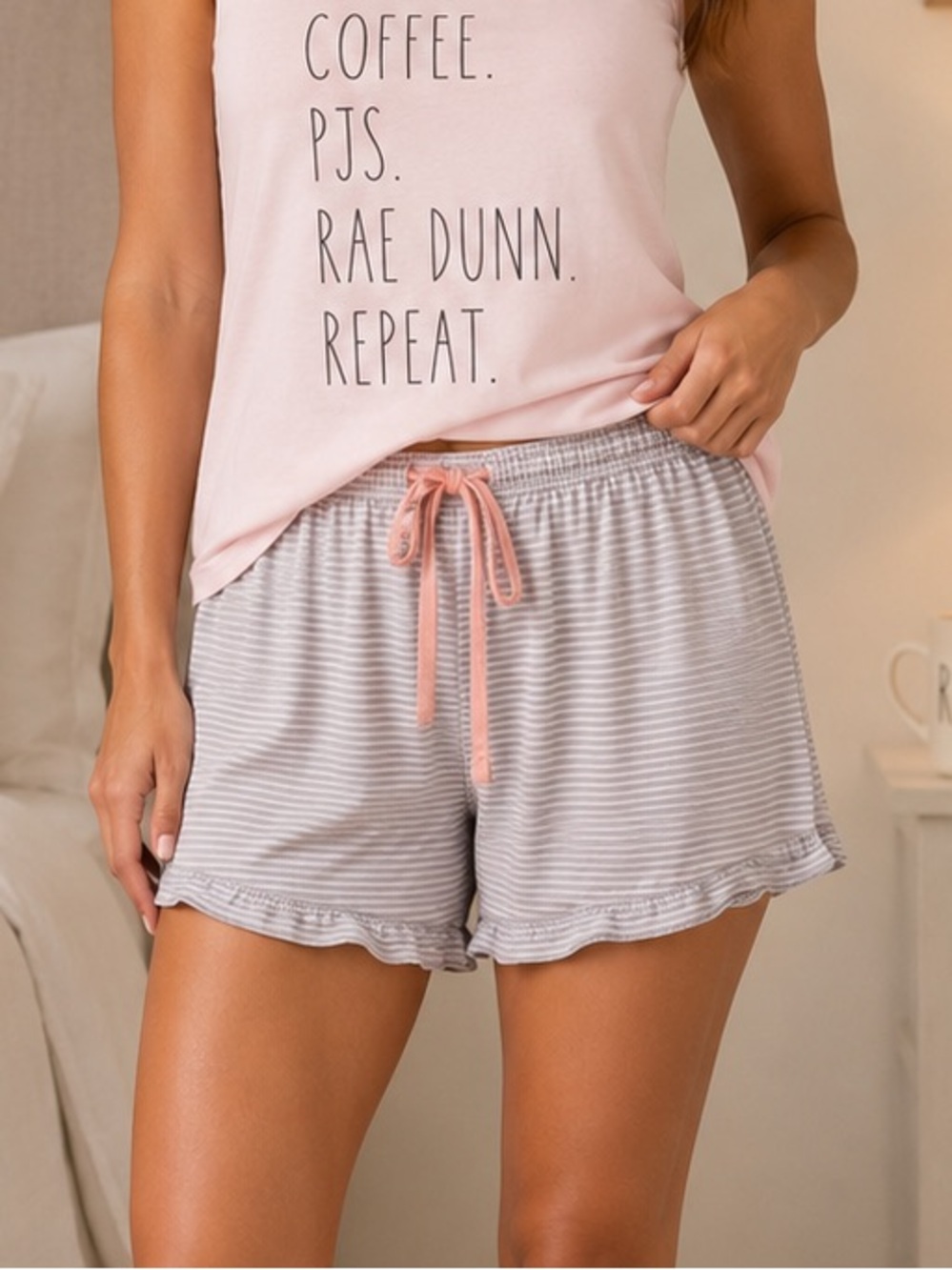 Rae Dunn Light Gray & White Striped Sleep Shorts with Pink Drawstring